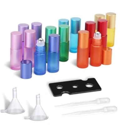 Immagine di POFIBO 16 Pcs 5 ml Bottiglie Flaconcini Vuoti per Oli Essenziali, flaconi roll on in vetro satinato colorato con sfera avvolgibile acciaio inossidabile,per Aromaterapia, Fragranza