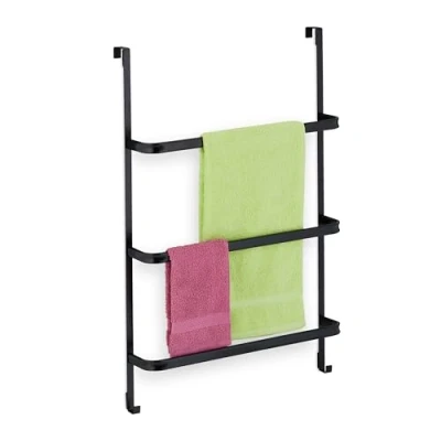Immagine di Relaxdays Portasciugamani da Porta, Senza Trapano, 3 Aste e 2 Ganci, HLP: 85 x 54,5 15 cm, Appendi Asciugamani, Nero, 100% Acciaio