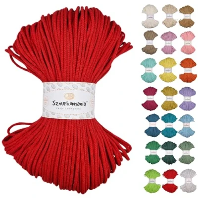 Immagine di Cordoncino di cotone intrecciato 3 mm 100 m, 46 colori, corda macramè, filato alta qualità, Sznurkomania (rosso)