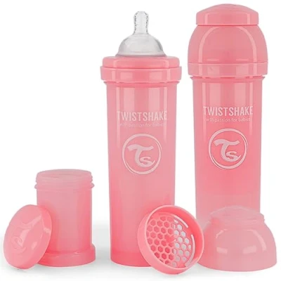 Immagine di Twistshake 2x Biberon Anticolica Con Contenitore Per Il Latte In Polvere E Miscelatore 330ml, Tettarella Silicone A Flusso Rapido, Senza BPA, 4+Mesi, Rosa