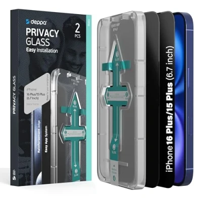 Immagine di Deppa [2 Pezzi Privacy Vetro Temperato iPhone 15 Plus/16 Plus (6.7&#039;) [a Copertura Totale] con Kit per Installazione Facile Anti Spy Spia Opaca Pellicola, Vetrino, Protezione, Schermo