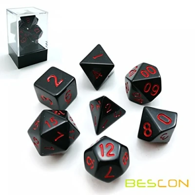Immagine di Bescon Polyhedral Dice Set Opaque Black with Red Numbers, Rpg of 7 d4 d6 d8 d10 d12 d20 d% Brick Box Pack