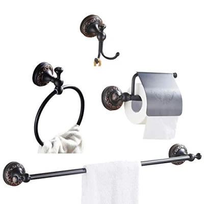 Immagine di WOMAO Bronzo lucidato Olio finito 4 Pezzi Portarotolo portasciugamani Asciugamano Bar Gancio Accappatoio, Set Accessori Bagno Ottone Costruzione Matt Americano Nera Fissato al Muro Intagli