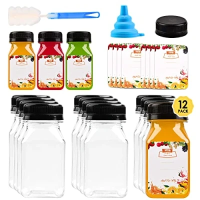 Immagine di 12 mini bottiglie di succo plastica da 4 once con tappi per spremitura e frullati, riutilizzabili vuote trasparenti etichetta, imbuto pennello, latte, acqua