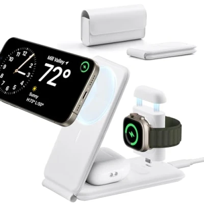 Immagine di ESR HaloLock 3 in 1 Stazione Ricarica da viaggio, Caricatore Wireless Magnetico Compatibile con MagSafe, Per Apple Watch, iPhone 16/15/14, AirPods 4/3/2/Pro, Supporto regolabile a 2 posizioni, Bianco