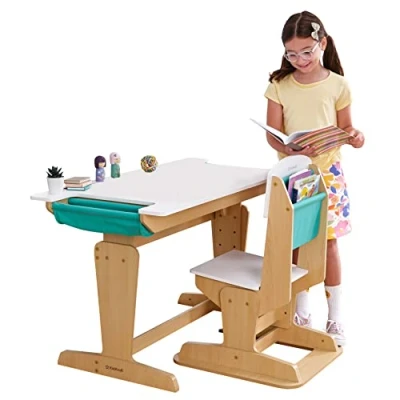 Immagine di KidKraft Scrivania e Sedia in Legno Regolabile Altezza per Bambini, con Portaoggetti, Mobili Camera da Letto Sala Giochi 20307