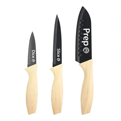 Immagine di MasterChef Coltelli da Cucina, Set Coltello Chef per Carne &amp; Verdure, Lama Affilato, Acciaio Inox, Prova di Calore, Manici in Legno, Lavabile Lavastoviglie, Professionali, 3 Pezzi Piccolo