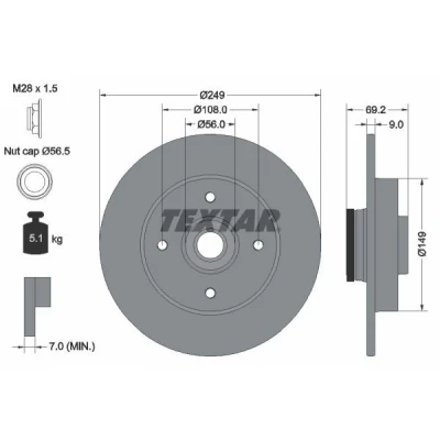 Immagine di TEXTAR PRO 92202103 Disco freno 249 9 04/04 108 pieno rivestito con anello sensore magnetico integrato, cuscinetto ruota PEUGEOT: 208 I Hatchback