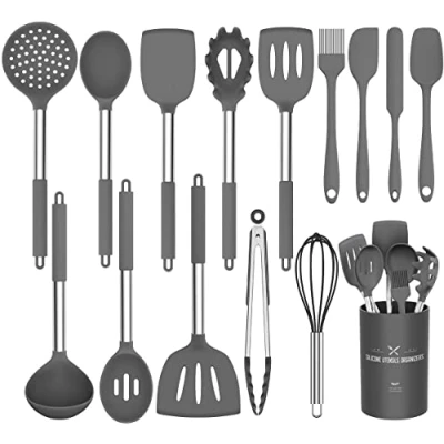 Immagine di Umite Chef Set di utensili da cucina in silicone, 15 pezzi, cucina, pinze per spatola, cucchiaio pentole antiaderenti, resistenti al calore, colore: grigio