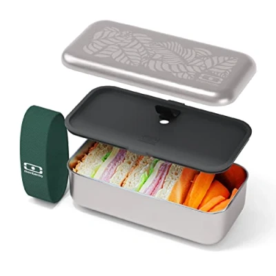 Immagine di monbento Porta pranzo metallici MB Sense Jungle Contenitore per fuori casa acciaio inox con coperchio ermetico Senza BPA microonde, congelatore e lavabile in lavastoviglie Foglie