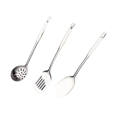 Immagine di PARENCE. Set di 3 Utensili da cucina in acciaio / spatola piena scanalata cucchiaio colino. cucina,