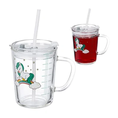 Immagine di Relaxdays Set da 2 Tazze per Bambini, Vetro, Silicone, ABS, con Cannuccia, Manico e Tappo, 400 ml, Unicorni, Trasparente