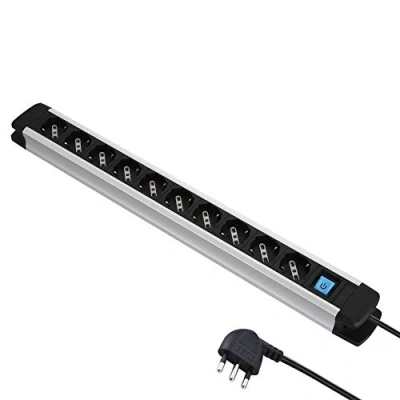 Immagine di Electraline 61903 Multipresa Alu Line 10 Posti Polivalenti, Schuko +10/16 A e 1 Interruttore Luminoso, 2 M, con Corpo in Alluminio
