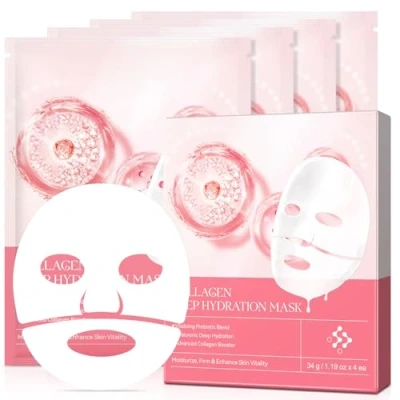 Immagine di Biologico collagene Real Deep Mask, maschera per collagene, anti invecchiamento, viso rughe, idratante, 4 pezzi