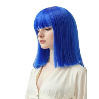 Immagine di Prettyland Event signore bob frangia dritta parrucca media lunghezza corta dritto resistente al calore per lo spettacolo di carnevale blu reale