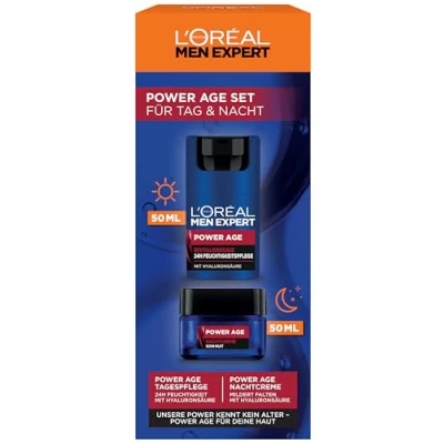 Immagine di L&#039;Oréal Men Expert Set per la cura della pelle da uomo, antirughe e crema notte, anti invecchiamento con acido ialuronico, effetto 3 volte, rivitalizzante idratante, Power Age Set, 2 x 50 ml