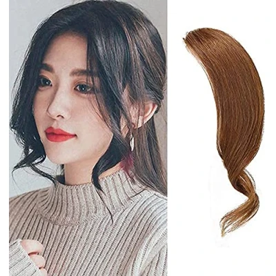 Immagine di Dsoar Frangia Clip Capelli Veri Umani Naturali Frangetta Laterale Ondulata 2 Pezzi Estensioni dei Riccia(Colore marrone chiaro)