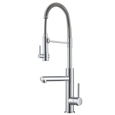 Immagine di Kraus KPF 1603CH Rubinetto da Cucina a 2 funzioni in Stile Commerciale Pre risciacquo con beccuccio Molla Estraibile e riempitore, Finitura cromata, 24 3/4 inch
