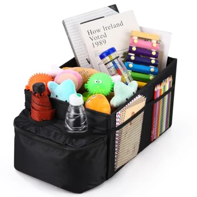 Immagine di LEAZZLE Organizer Auto Bambini, Sedile Pieghevole con Portabicchieri e Divisorio Regolabile, Tasca Laterale in Rete, per Anteriore Posteriore, Giocattoli, Libri, Snack, ecc