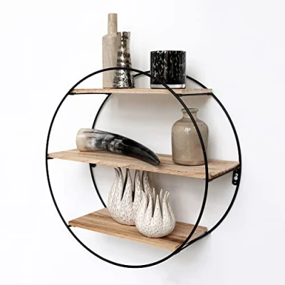 Immagine di Vivol Scaffale da Parete Mensole in Metallo Nero con 3 Ripiani Legno, Rotondo, 50 x 19 cm