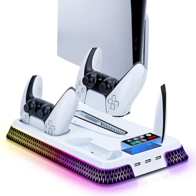 Immagine di Wigearss Supporto Verticale di Raffreddamento PS5 con Doppio Controller Caricatore, Illuminazione RGB per PS5/PS5 Slim/PS5 Pro