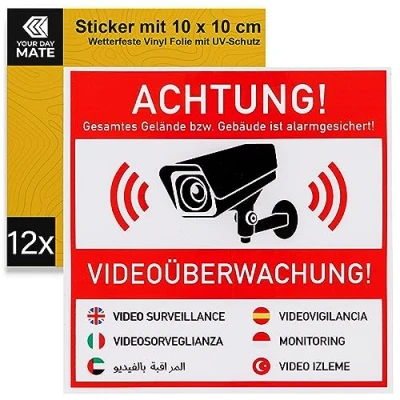 Immagine di Set di adesivi &quot;ATTENZIONE! VIDEO SORVEGLIANZA!&quot;, 12 pz, 10 x cm, pellicola autoadesiva, adesivo avvertimento per interni ed esterni, cartello informativo sulla telecamera in 7 lingue