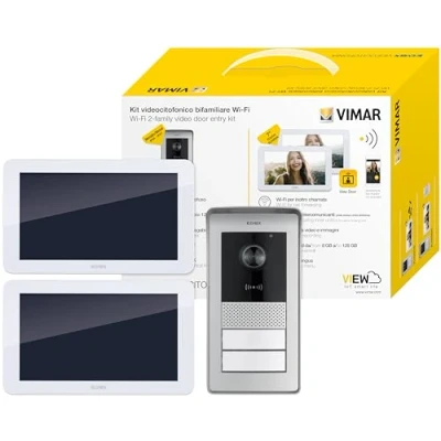 Immagine di VIMAR K42956 Kit videocitofono multifamiliare, videocitofoni touch screen vivavoce, Wifi, alimentatore barra DIN, targa audiovideo con lettore RFID e 2 pulsanti