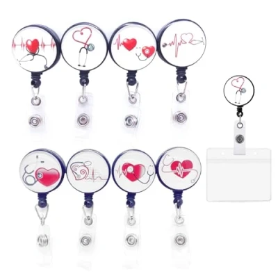 Immagine di 8 Pezzi Porta Badge Retrattile, Retrattile Infermiere Portabadge, Clip Infermiera, per Medici, Infermieri, Insegnanti e Studenti (Nero Bianco Rosso)