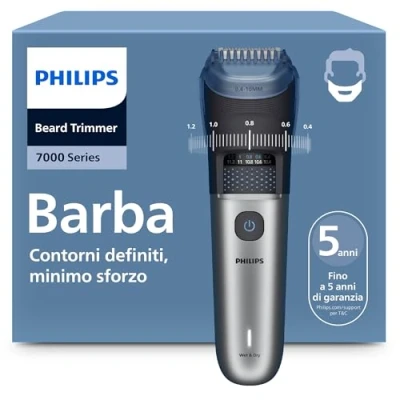 Immagine di Regolabarba Philips serie 7000 Lame in metallo autoaffilanti, 40 impostazioni di lunghezza, tecnologia BeardSense, raccoglitore per peli, 100% impermeabile, rifinitore ampio, modello BT7670/15