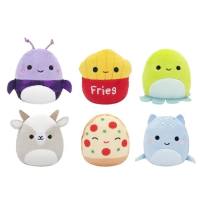 Immagine di Squishmallows Original Micromallows Confezione da 6 Axel Beetle, Lune Loch Ness, patatine fritte Floyd, Orphie Octopus, Pep Pizza, Walker Goat