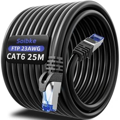 Immagine di Cavo Ethernet 25 metri, di Rete Cat 6 Alta Velocità 25m RJ45 Nero da Esterno Interno Impermeabile 10/100/1000mbit/s Gigabit Piatto LAN Internet per Switch/Router(25 Clips)