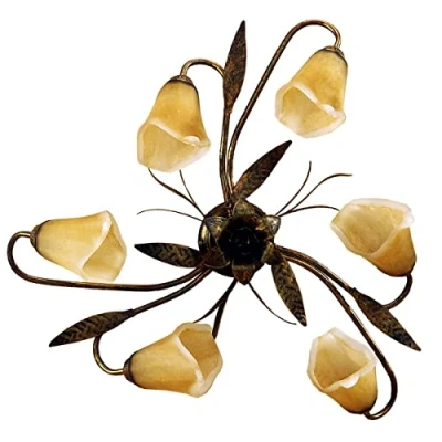 Immagine di ONLI Forgiata Lampada da Soffitto 6 Luci, Vetro opaco color Ambra, Metallo Marrone spennelato Oro