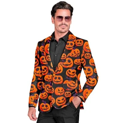 Immagine di Widmann Giacca da uomo a forma di zucca, nera con facce si illumina sotto la luce UV, travestimento Halloween