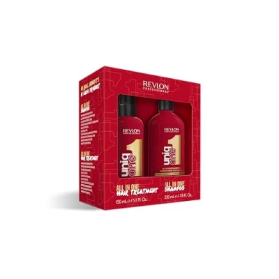 Immagine di REVLON PROFESSIONAL UniqOne Kit per la cura dei capelli, 150 ml, spray anti crespo con protezione dal calore e shampoo, 230 capelli setosi, lucidi ben pettinabili, vegani