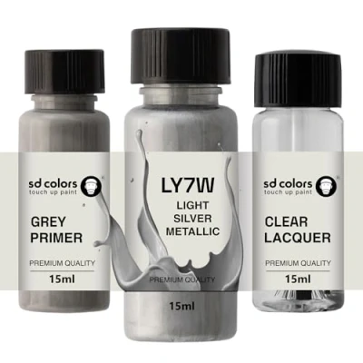 Immagine di SD COLORS Vernice per ritocchi in argento chiaro e metallizzato, 15 ML, riparazione graffi scheggiature, codice colore LY7W, metallizzato (vernice+laccata+primer)