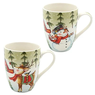 Immagine di Dekohelden24 Tazza natalizia in porcellana Pupazzo di neve e REH Set da 2 pezzi, altezza: 10 cm Ø 8 cm, capacità 280 ml.