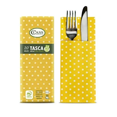 Immagine di CLASS 10, C4032TA D075 PEFC Airlaid Tovagliolo Tasca Portaposate, Carta, Pois Giallo, 40x32x0.8 cm, 20 Unità