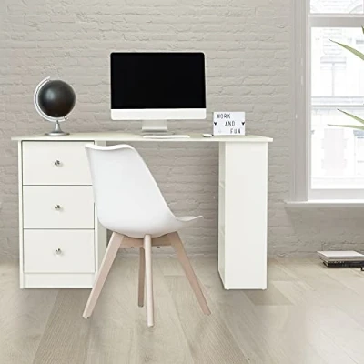 Immagine di ML Design Scrivania per PC Bianca con 3 Cassetti e Ripiani Spazio Stoccaggio 120 x 49 72 cm Tavolo Computer Laptop Portatile Mobile Porta da Ufficio Lavoro Scaffale Salvaspazio