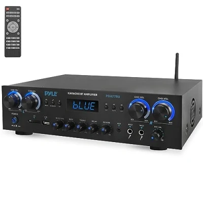 Immagine di Pyle Amplificatore Audio a 4 Canali con Bluetooth per Home Theater e Karaoke, 800 Watt Picco, 2 Ingressi Microfono Riverbero Ritardo, MP3, USB, SD, AUX, RCA, FM