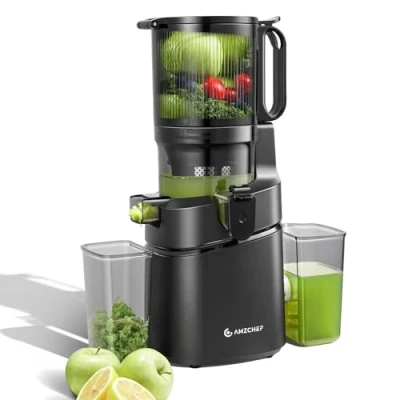 Immagine di AMZCHEF spremiagrumi automatico all in one, 250 W, apertura 135 mm e da 1,8 l, per frutta verdura, vincitore del test con triplo filtro nero