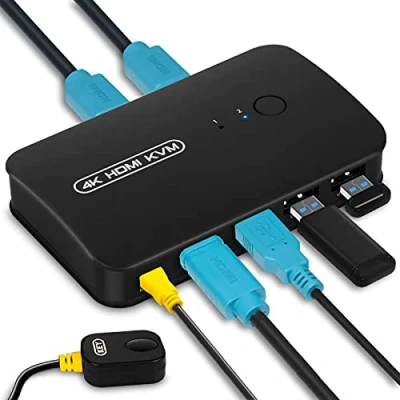 Immagine di HDMI KVM Switch con 3 Porte USB, Commutatore per 2 PC Condividere Mouse, Tastiera, Hard Drive, Stampante, Scanner, Cavi in Dotazione