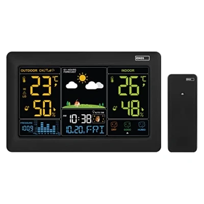 Immagine di EMOS Stazione meteo radio con display a colori e sensore esterno, termometro, igrometro, barometro, previsioni meteo, visualizzazione data orologio, sveglia, indicatore Smiley, alimentatore di rete
