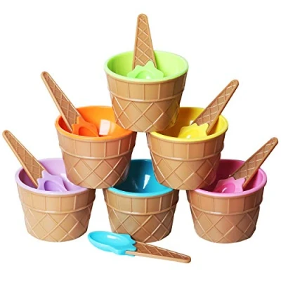 Immagine di TRIXES Set di 6 coppette in plastica per gelato, cucchiai coordinati, colori assortiti