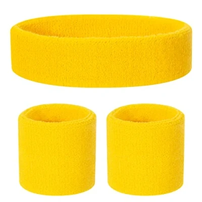 Immagine di ONUPGO Set di fasce per il sudore bambini, in cotone, sport, 1 fascia + 2 polsiere, colore: giallo