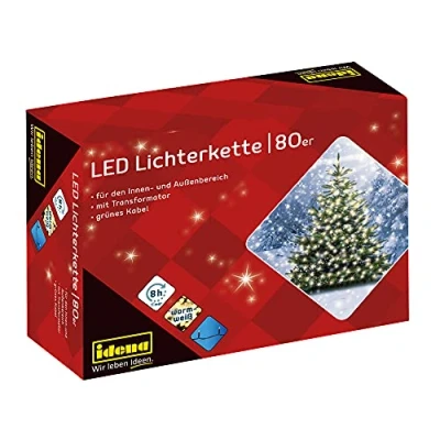 Immagine di Idena 8325058 Catena luminosa a LED con 80 in bianco caldo, funzione timer 8 ore e trasformatore, lunga circa 15,9 m, per uso interno ed esterno, feste, Natale, decorazione, matrimonio
