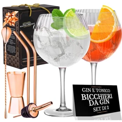 Immagine di Set di 2 Bicchieri Gin Tonic Rigati Bicchiere Fatto a Mano x Cannucce Metalliche, Cucchiaio, Misurino Cocktail Ricetta PDF Kit Regalo Particolari