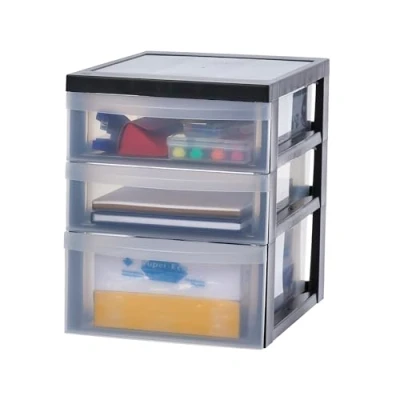 Immagine di Iris Ohyama, Torre portaoggetti in plastica, 3 scatole di ufficio cui 2 da 7,5 L e 1 11,25 L, Maniglia ad incasso, DC 221, Nero L29 x P40 A37 cm