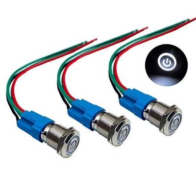 Immagine di QitinDasen 3Pcs Premium 12V / 24V 3A Interruttore a Pulsante Autobloccante, 12mm in Metallo con LED Bianca, Avviamento Auto Acciaio Inossidabile impermeabile