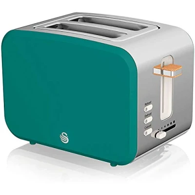 Immagine di Swan Nordic Tostapane con slot ampio, 2 fette, 3 funzioni, 6 livelli di tostatura, design moderno in acciaio inox, maniglia effetto legno, verde opaco