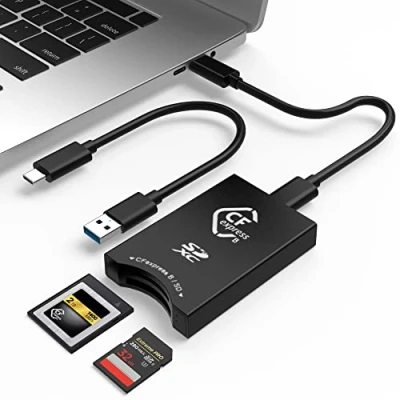 Immagine di lettore di schede CFexpress/SD USB C, adattatore per CFexpress tipo B A doppio slot 3.2 (10Gbps) compatibile con Android/Windows/Mac OS/Linux, cavo da C C/USB